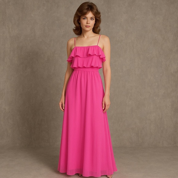Vintage 70s May Co Pink Chiffon Ruffle Maxi Dress NWT Barbiecore Prom Gown Disco
